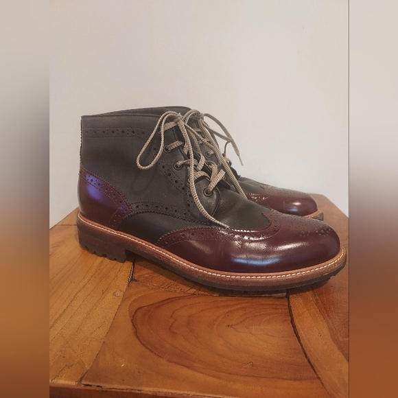 Dsquared2 Brogue Wingtip Lace Up Ankle Boots Burgundy Black Leather Italy 43.5 - Picture 1 of 11